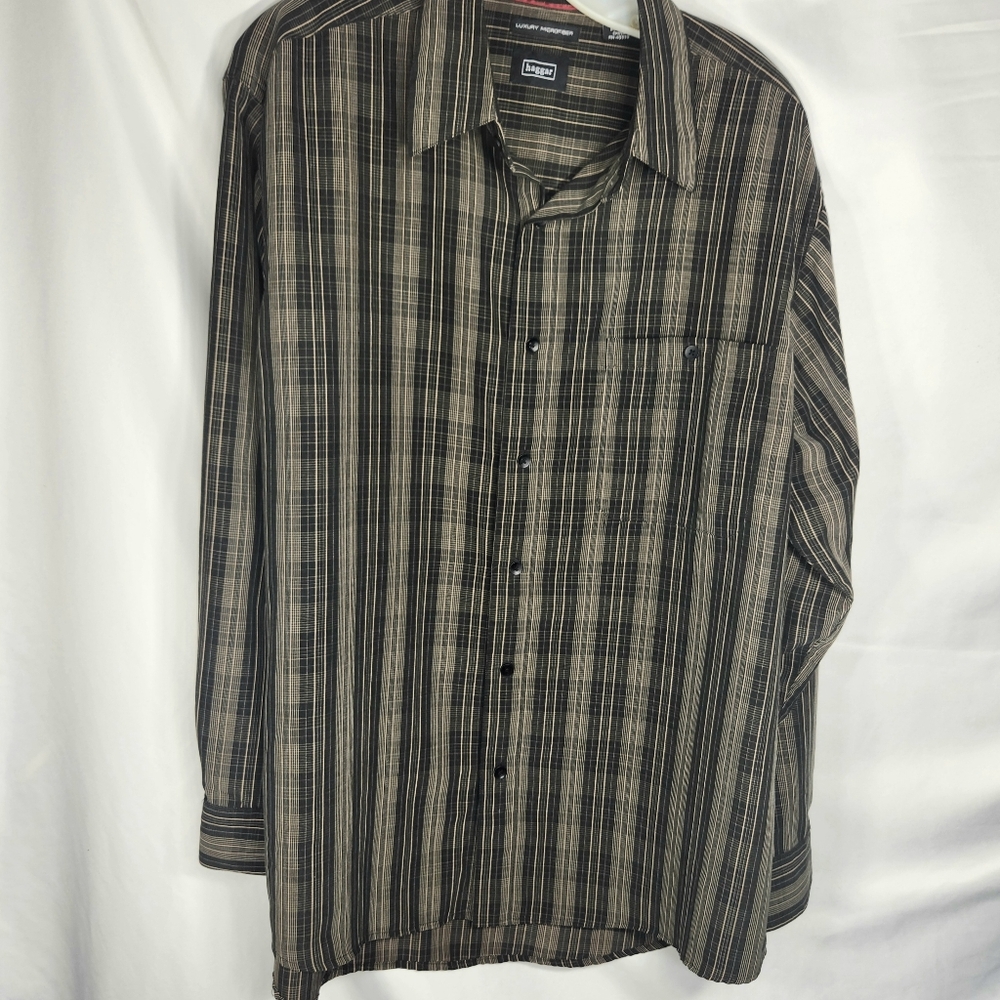 Haggar Luxury Microfiber Black Tan Stripe Long Sleeve Button Shirt Size Large